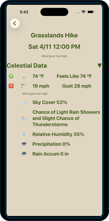 My OWL Plan™ weather detail screen